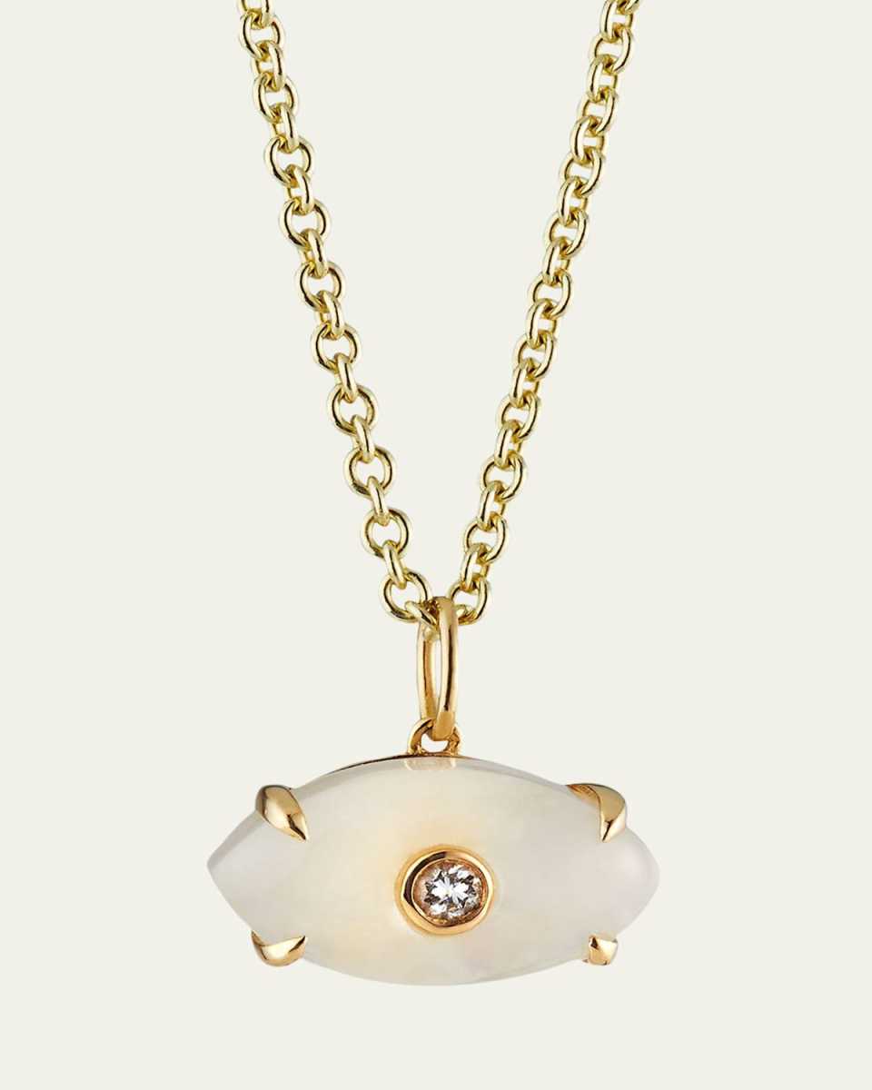 Carved Rainbow Moonstone and Diamond Evil Eye Charm Necklace